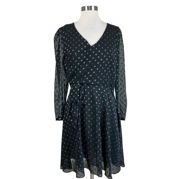 Walter Baker Polka Dot Chiffon Long Sleeve A-Line Dress Black and Silver Size 8 - Picture 1 of 12